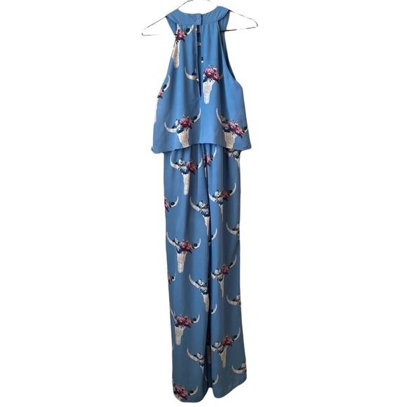 ALTAR’D STATE BLUE PRINT, HIGH NECK, TWO-LAYER FLOWY SLEEVELESS JUMPSUIT, SIZE S - Picture 4 of 7